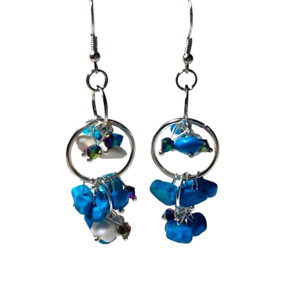 Turquoise Howlite Stone Bicone Bead Boho Dangle Earrings